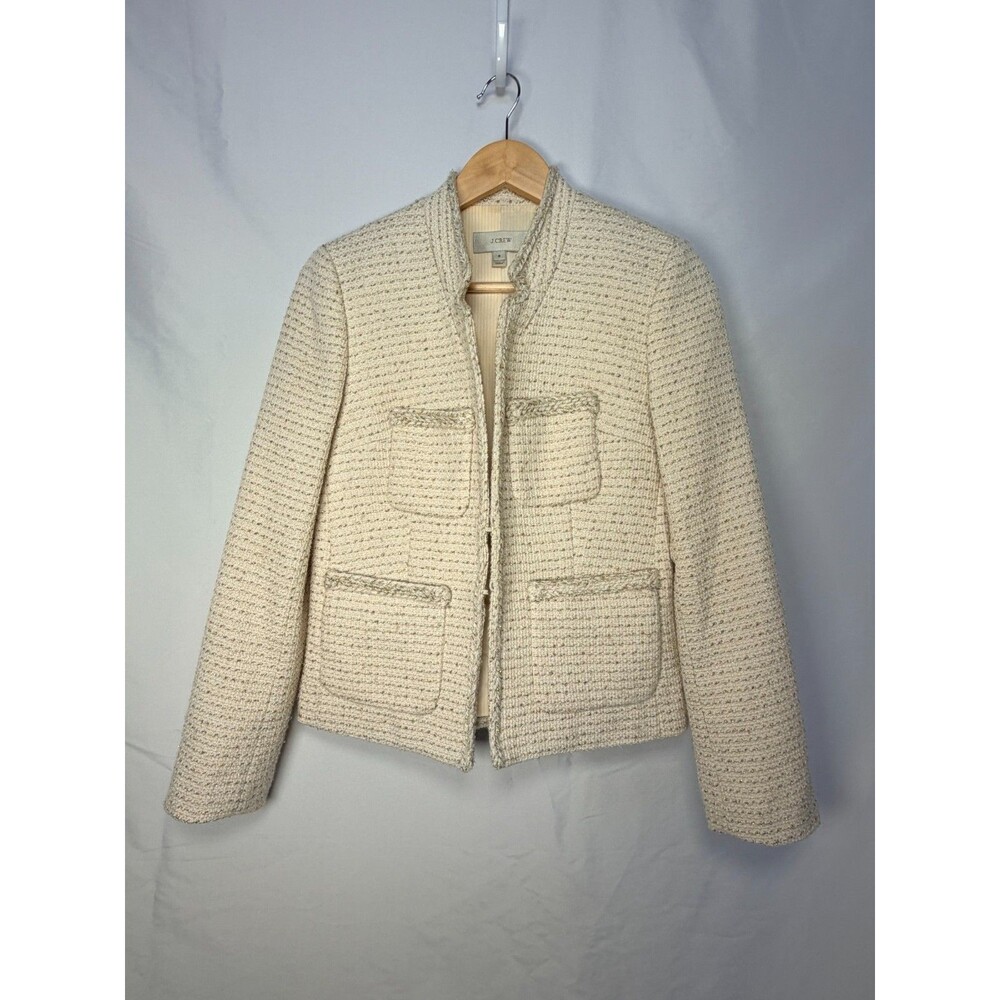 J.Crew Women's Size 0 Cream Tweed Collarless Lady Jacket Four Pocket Lined